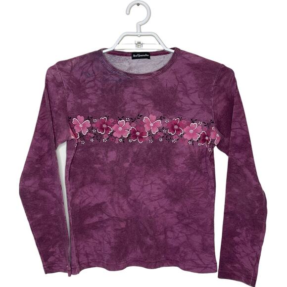Vtg Purple Tie Dye Hawaiian Flower Print‎ Long Sleeve T Shirt Y2K Boho Surf M/L - Picture 1 of 8